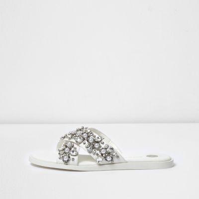 River Island Womens White Diamante Cross Strap Sliders
