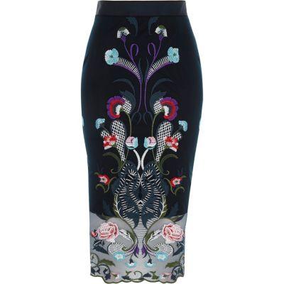 River Island Womens Mesh Floral Embroidered Pencil Skirt
