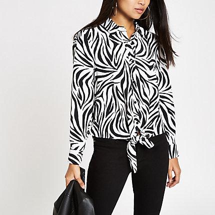 River Island Womens Petite White Zebra Print Tie Front Shirt