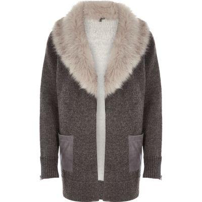 River Island Womens Knit Faux Fur Collar Cardigan