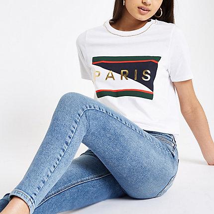 River Island Womens White 'paris' Rhinestone Trim T-shirt