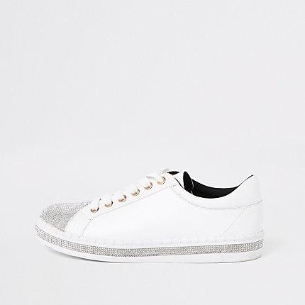 River Island Womens White Rhinestone Embellished Lace-up Plimsolls