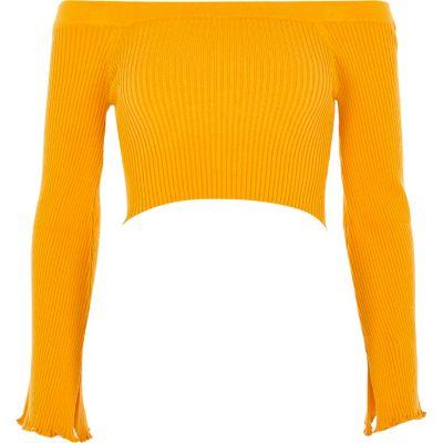 River Island Womens Rib Knit Bardot Bell Sleeve Crop Top