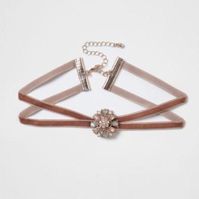 River Island Womens Blush Velvet Double Strap Choker