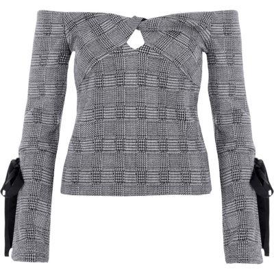 River Island Womens Check Knot Bardot Long Ti Sleeve Top