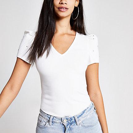River Island Womens White Diamante Sleeve Top