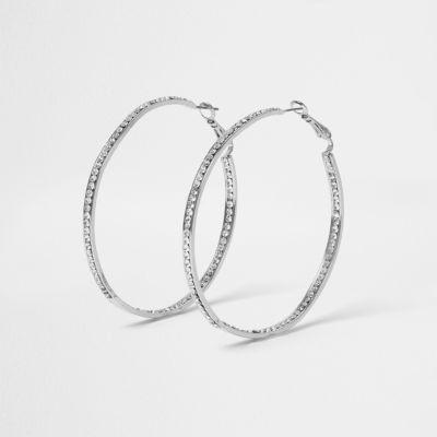 River Island Womens Silver Tone Diamant Encrusted Hoop Earrings