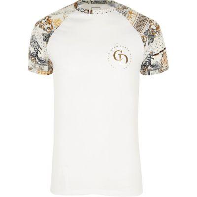 River Island Mens White Muscle Fit Baroque Print Raglan T-shirt