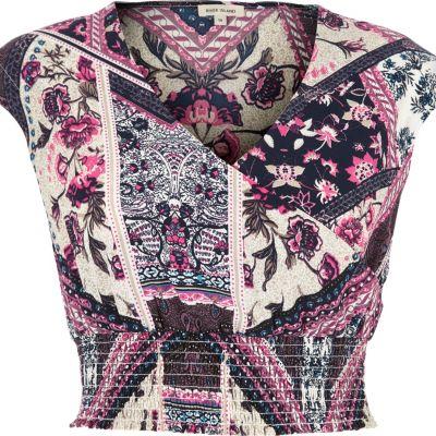 River Island Womens Petite Floral Print Shirred Crop Top