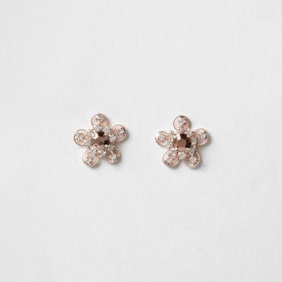 River Island Womens Rose Gold Tone Flower Rhinestone Stud Earrings