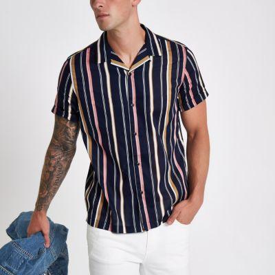 River Island Mens Stripe Revere Short Sleeve Shirt