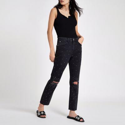 River Island Womens Casey Embellished Ripped Slim Fit Jeans