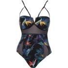 River Island Womens Floral Mesh Insert Plunge Swimsuit