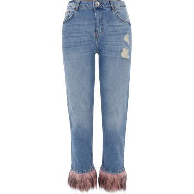 River Island Womens Fur Hem Distressed Boyfriend Jeans