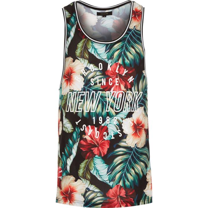 River Island Mensblack Floral Print New York Mesh Vest