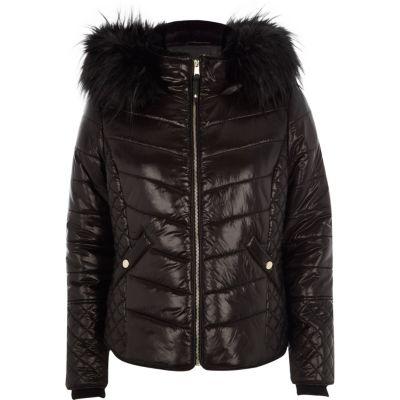 River Island Womens Petite Wet Look Hooded Puffer Jacket