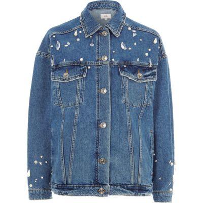 River Island Womens Embellished Oversized Denim Jacket