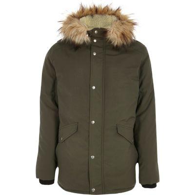 River Island Mens Green Fur Trim Hooded Parka