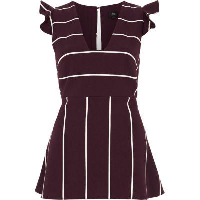 River Island Womens Stripe Plunge Frill Shoulder Top