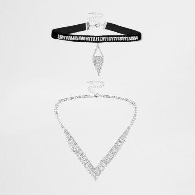 River Island Womens Silver Tone Rhinestone Velvet Choker Set