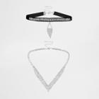 River Island Womens Silver Tone Rhinestone Velvet Choker Set