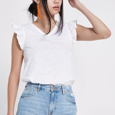 River Island Womens White V Neck Frillk Top