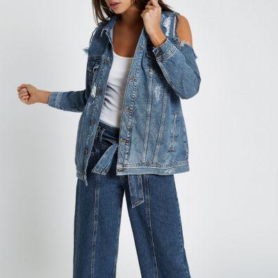 River Island Womens Frayed Cold Shoulder Denim Jacket