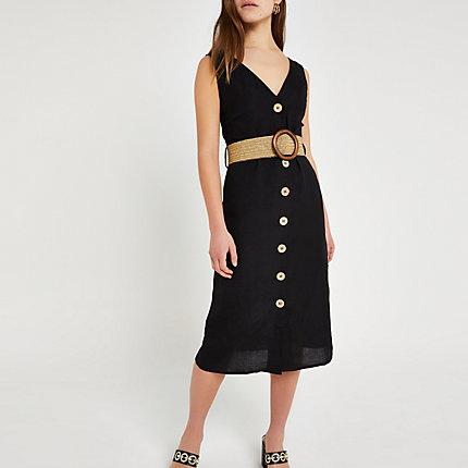 River Island Womens Petite Belted Linen Midi Dress