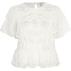 River Island Womens White Dobby Mesh Embroidered Frill Top