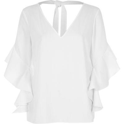 River Island Womens White Frill Sleeve Tie Back Top