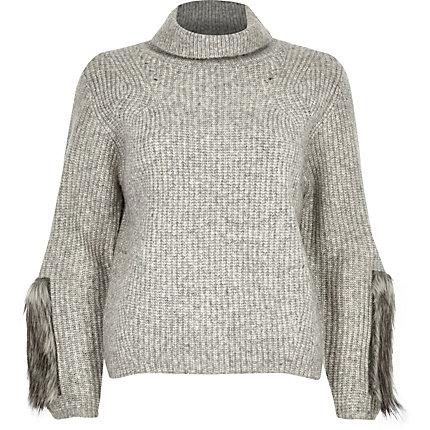 River Island Womens Petite Faux Fur Trim Roll Neck Jumper