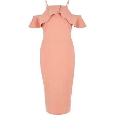 River Island Womens Cold Shoulder Frill Bodycon Midi Dress
