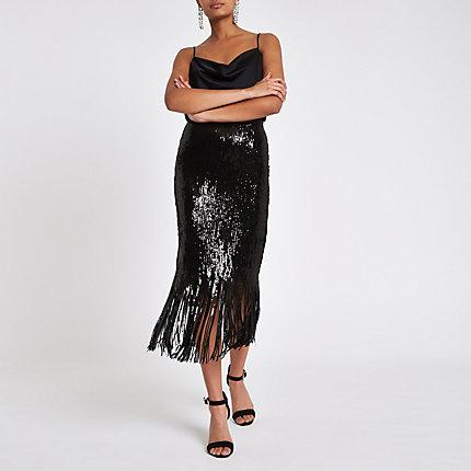 River Island Womens Tassel Hem Sequin Pencil Skirt