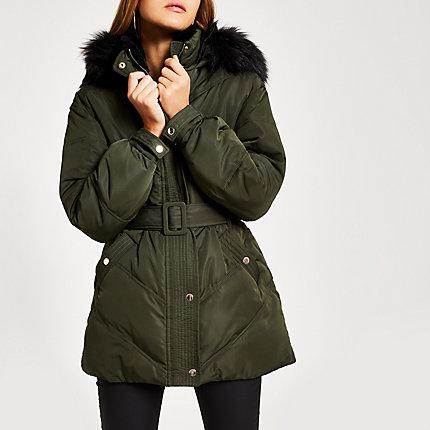 River Island Womens Faux Fur Hood Belted Puffer Coat