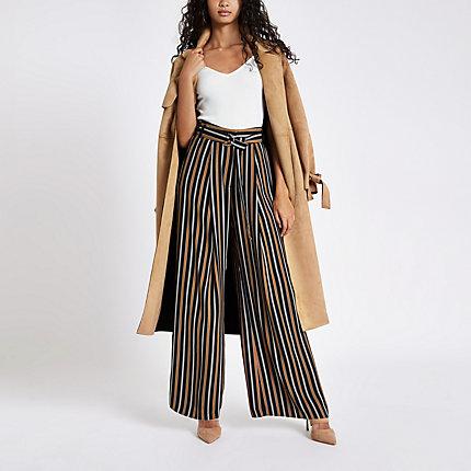 River Island Womens Tan Stripe Wide Leg Belted Pants