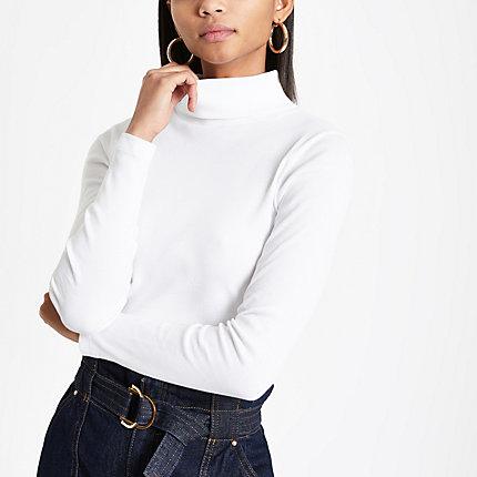 River Island Womens White Rib Long Sleeve Roll Neck Top