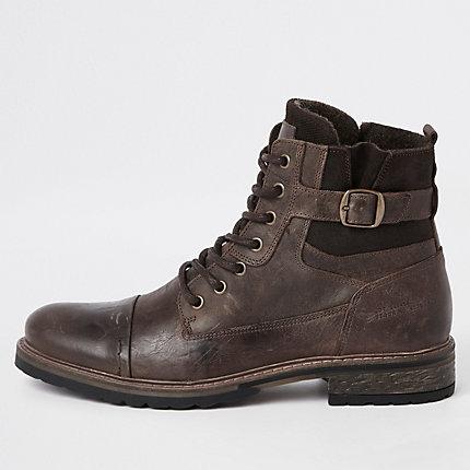 River Island Mens Buckle Lace-up Leather Boots