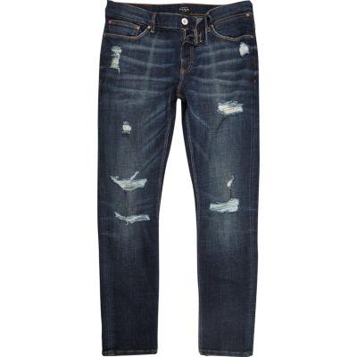 River Island Mens Dark Wash Ripped Sid Skinny Jeans