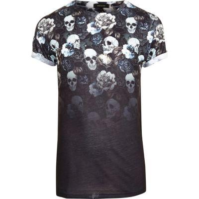 River Island Mensblack Faded Floral Skull Print T-shirt
