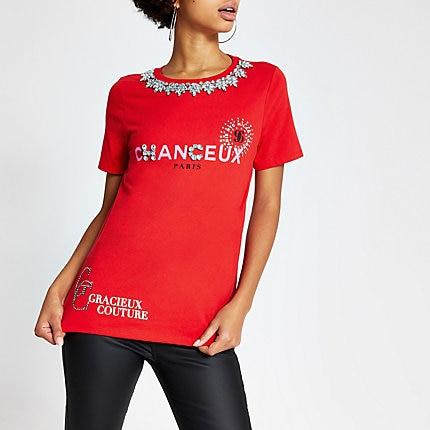 River Island Womens 'chanceux' Diamante Necklace T-shirt