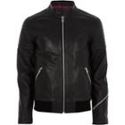 River Island Mens Racer Neck Zip Cuff Leather Jacket