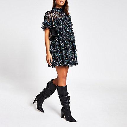 River Island Womens Floral Ruffle Swing Dress