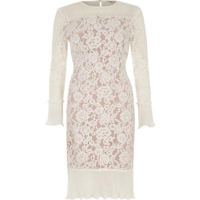 River Island Womens White Lace Pleated Hem Bodycon Midi Dress