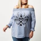 River Island Womens Plus Stripe Embroidered Bardot Top