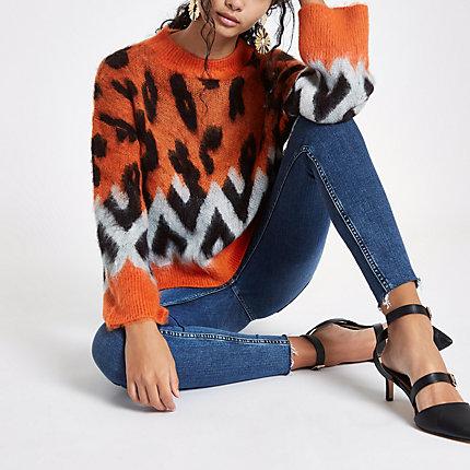 River Island Womens Knit Leopard Print Wide Sleeve Jumper