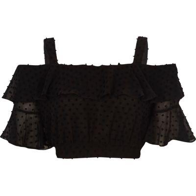 River Island Womens Dobby Frill Cold Shoulder Crop Top