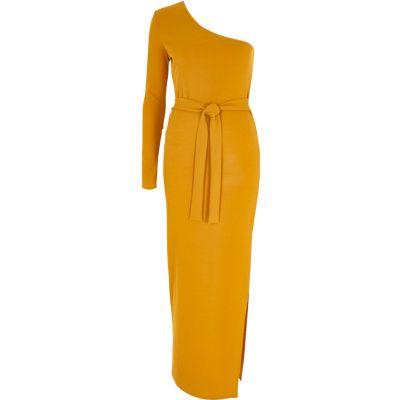 River Island Womens Yellow Rib One Shoulder Maxi Dress
