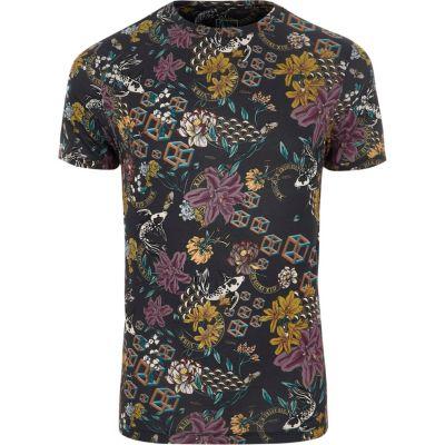 River Island Mens Muscle Fit Floral Cube Print T-shirt