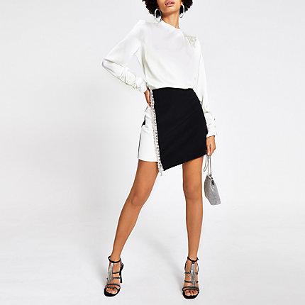 River Island Womens White Diamante Tassel Shoulder Satin Blouse