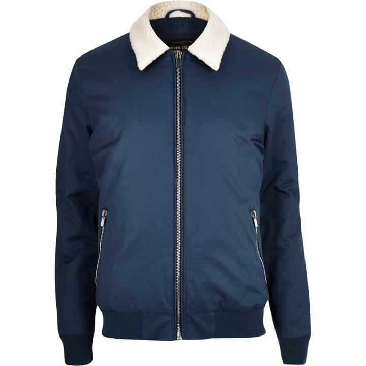 River Island Mensnavy Borg Collar Trucker Jacket